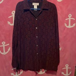 EUC Ronni Nicole by Ouida Deep Maroon Embroidered Floral 5-Button Top, Sz XL